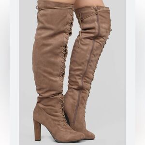 NWOB fashion nova brow taupe knees high lace boots heels Sz 7.5